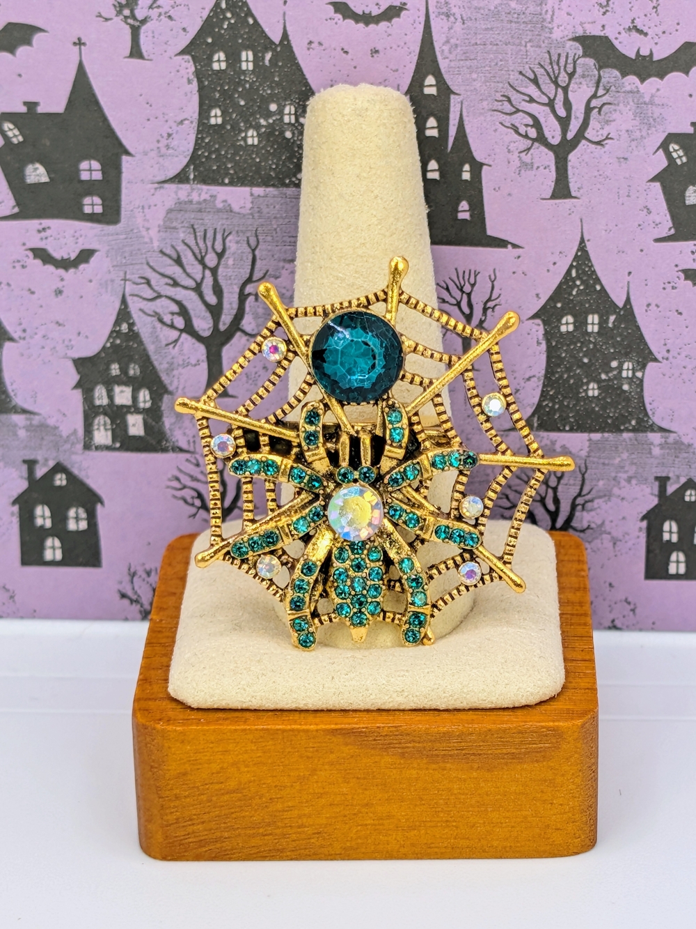 Gold Tone Sea Green Spider On Web Brooch